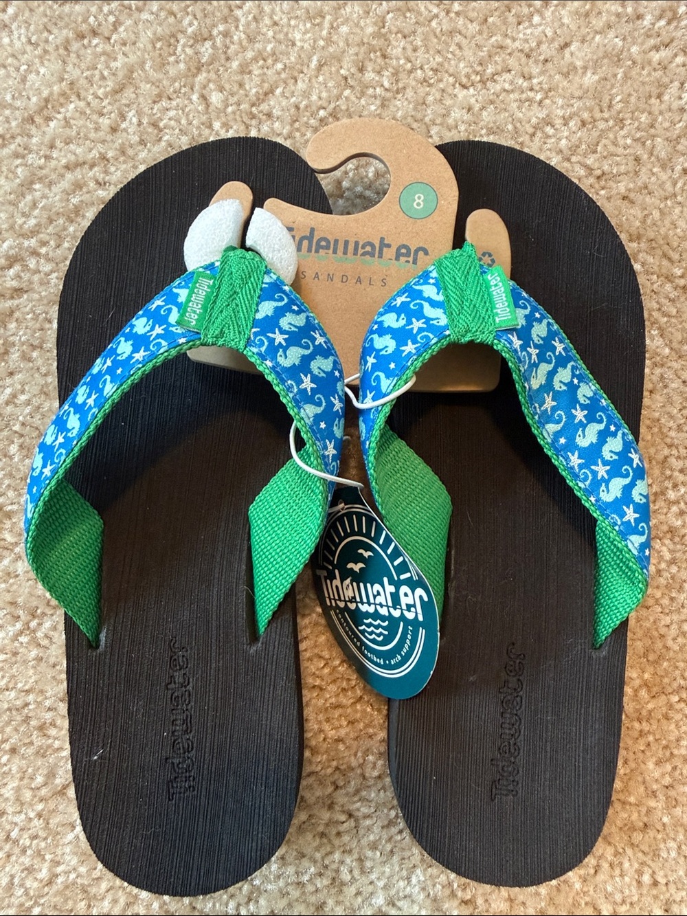Tidewater Boardwalk sea horses blue green flip flop thong sandal size 8 black